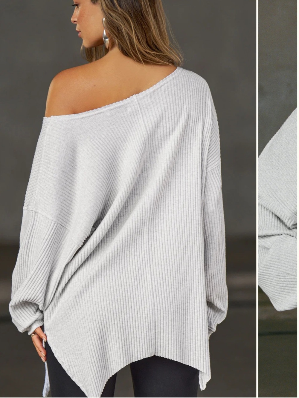 Joah Brown Off Shoulder Tunic rib knit pearl grey luxe knit long sleeve shirt - Picture 4 of 8